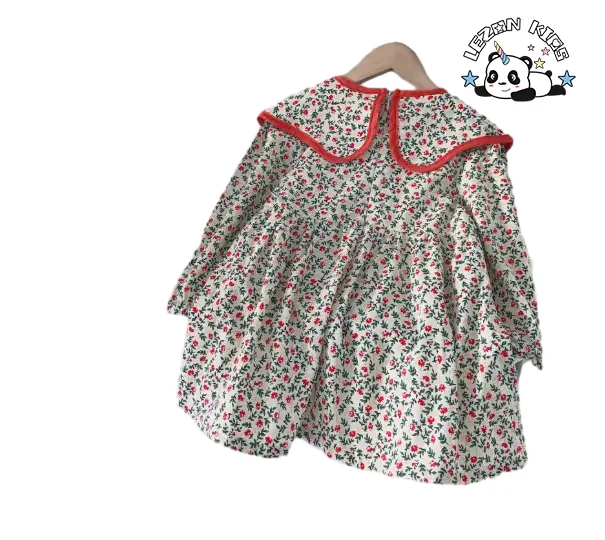 LEZONKIDS - Custom Floral Printed Casual Dress Girls Knee-Length Spring Kids Clothing Beautiful Flowers Decoration for 2-14T Children
